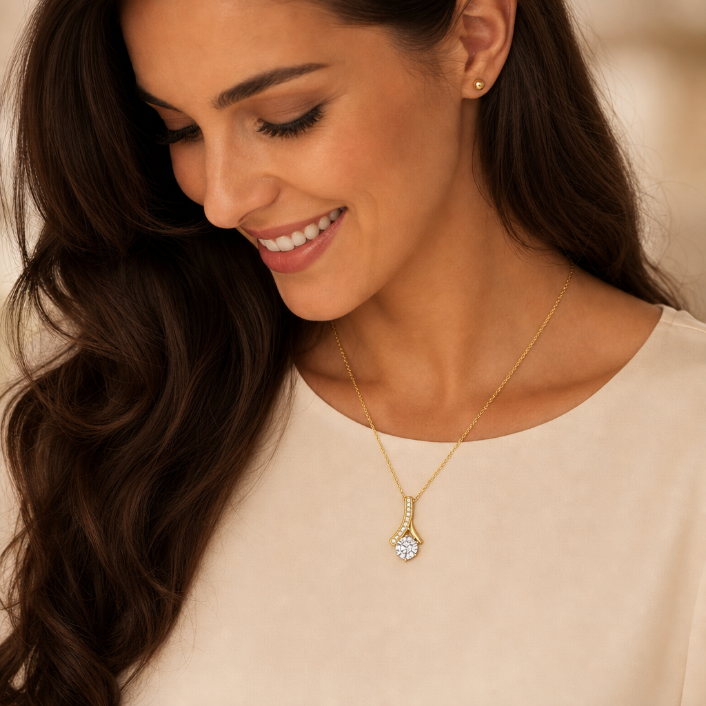 To My Wife gold necklace lifestyle - woman wearing swooping ribbon pendant