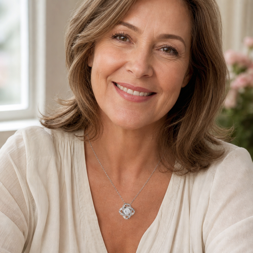 To My Mom Love Knot necklace lifestyle - woman wearing silver love knot pendant