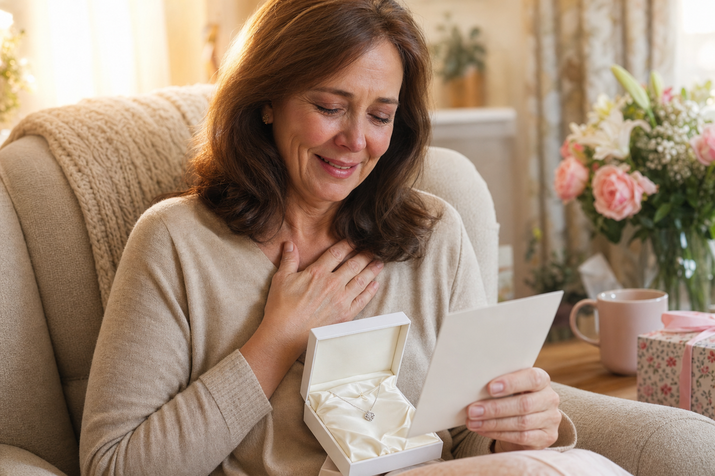 Mom reading message card with happy tears